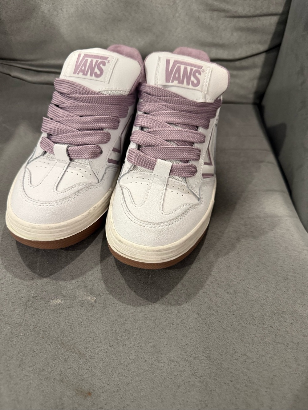 Vans Women’s White and Lavender High-Top Sneakers
